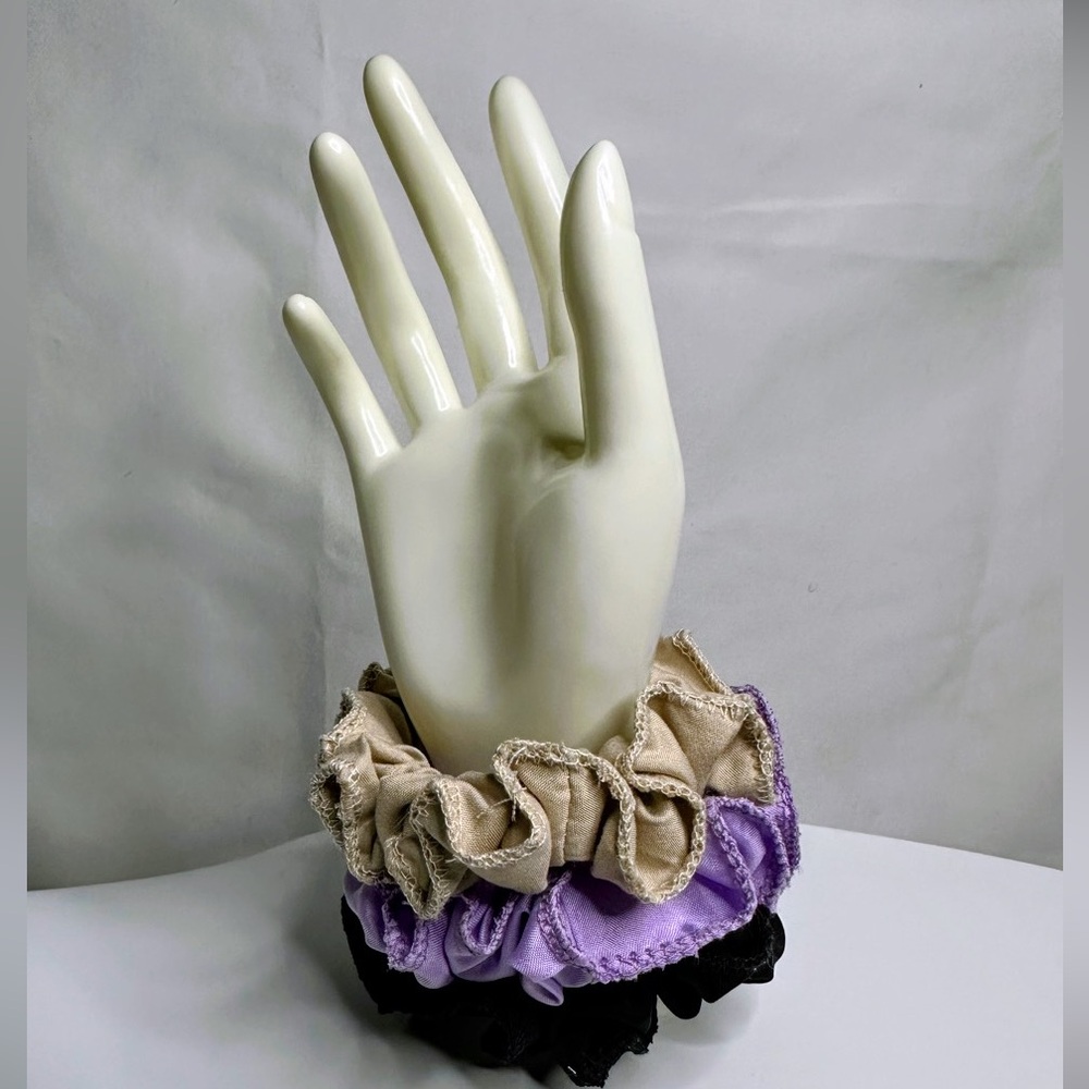 Set of 3 Ruffled Scrunchies - Beige, Lavender, Black - Picture 1 of 3